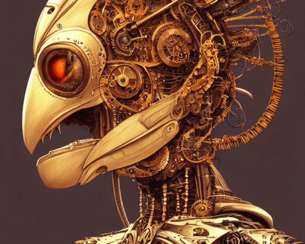 Intricate mechanical bird head with gears and wires on monochrome background