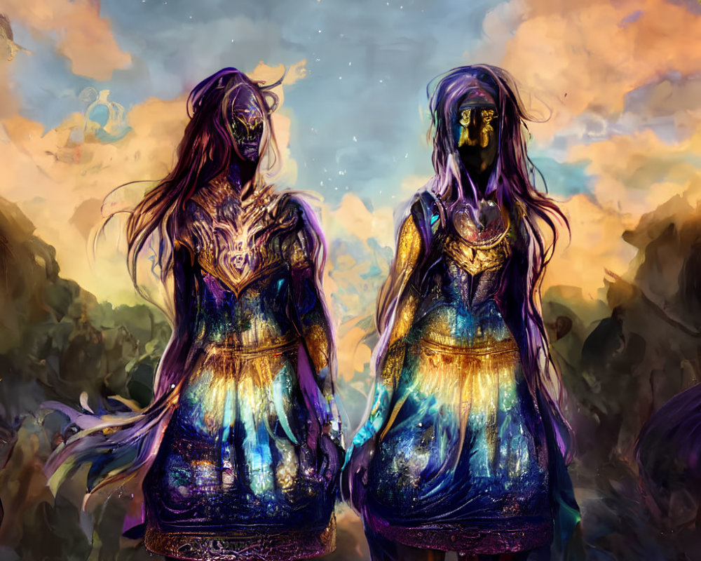 Ethereal female figures with violet skin in luminescent dresses against a dusk sky