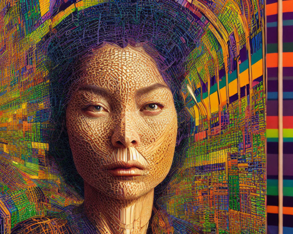 Digital art portrait of woman with mosaic texture on multicolored geometric background