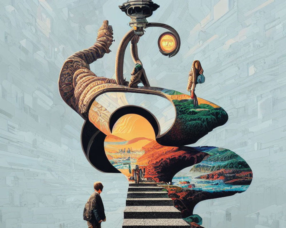 Surreal artwork: man, twisted staircase, landscapes, lamp, sunset.