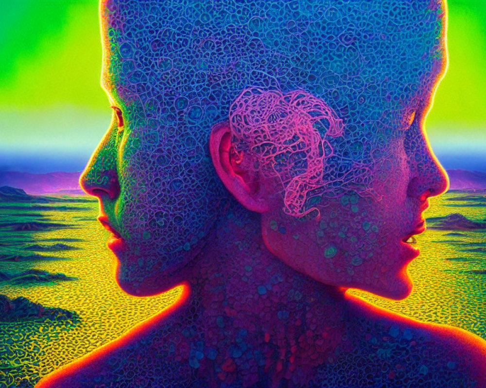 Colorful artwork featuring two profile faces with intricate patterns on a psychedelic landscape.