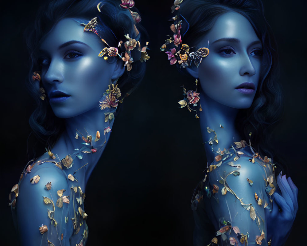 Blue-skinned woman with floral adornments and butterflies in hair.