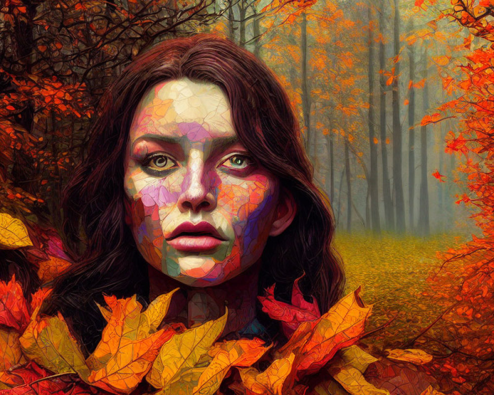 Colorful Mosaic Patterns on Woman's Face in Autumn Forest