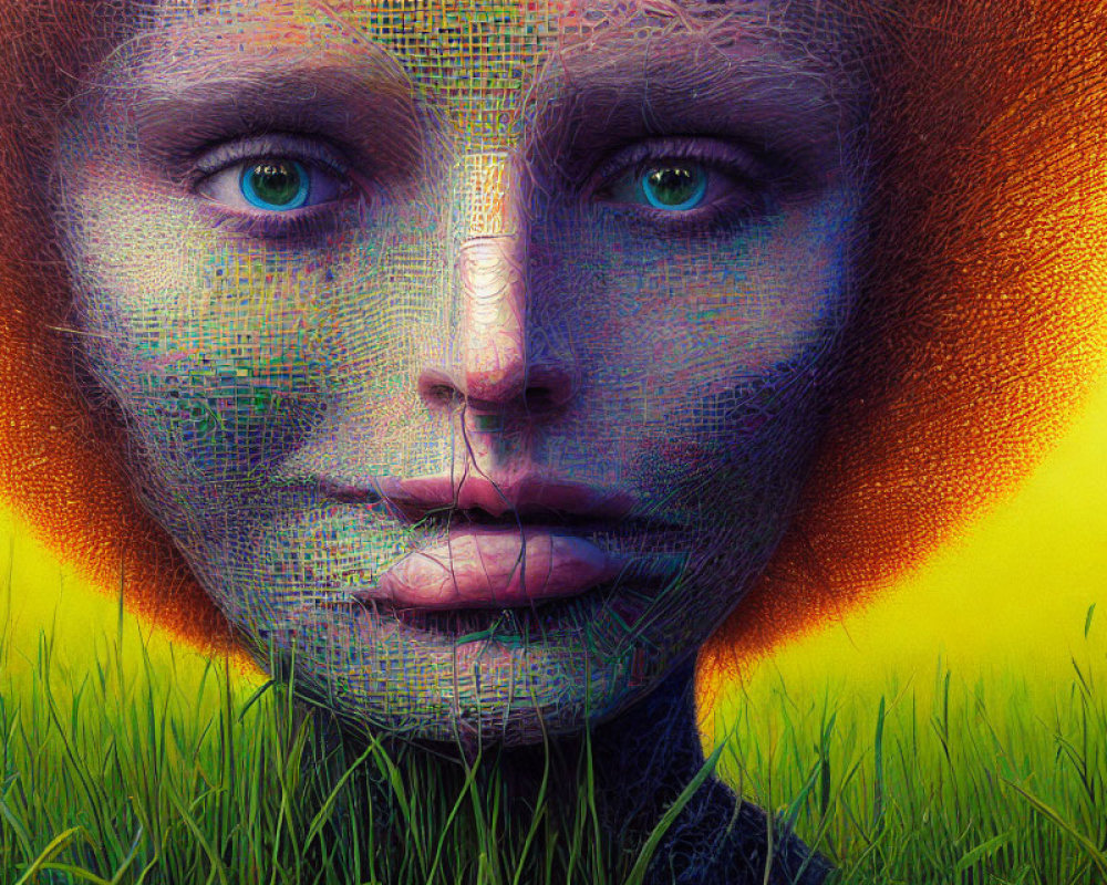 Digital Artwork: Human Face Blended with Textured Pattern on Green Grass Background