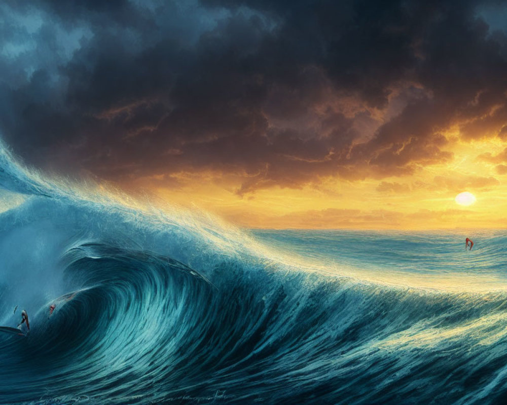 Ocean wave cresting at sunset with surfers under golden sky