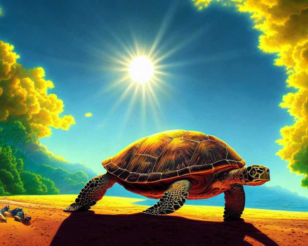 Colorful illustration of large and small tortoises under radiant sun in lush green landscape