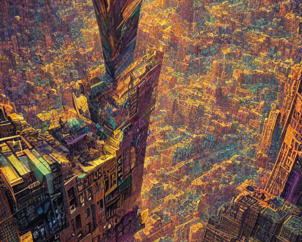 Densely packed cityscape under warm, glowing sky