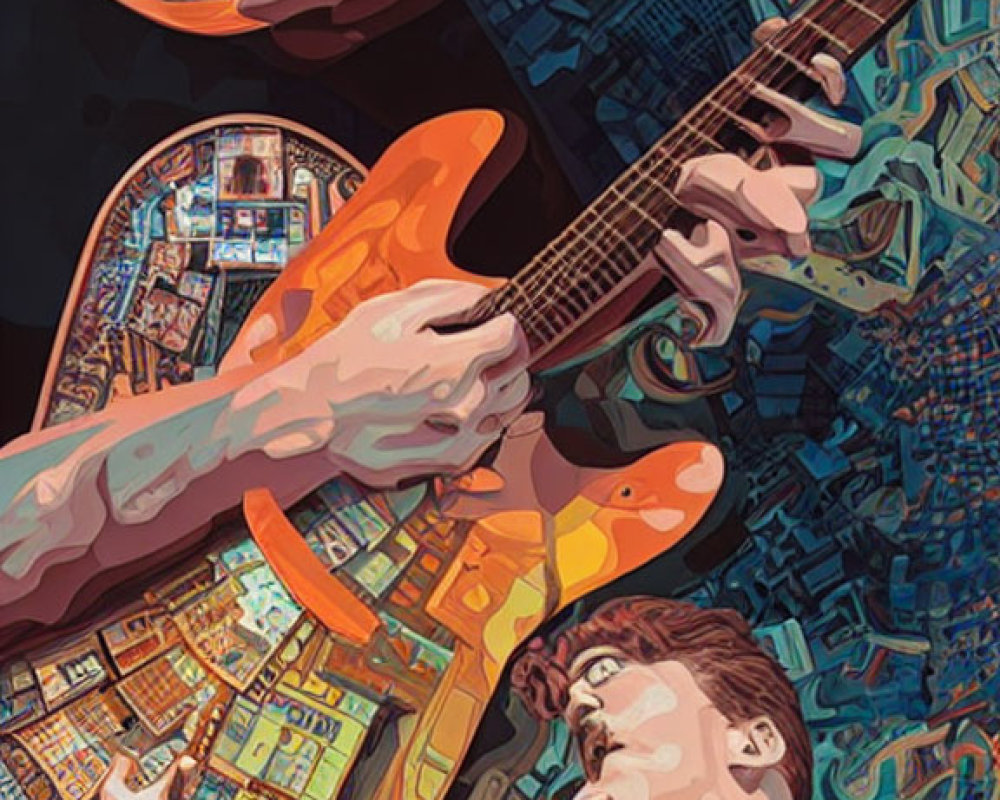 Colorful Illustration: Person Playing Guitar with Cityscape and Circuitry Integration