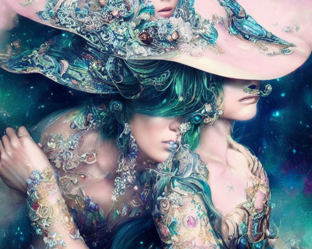 Surreal fantasy image of three females in jeweled costumes and elaborate hats against cosmic backdrop