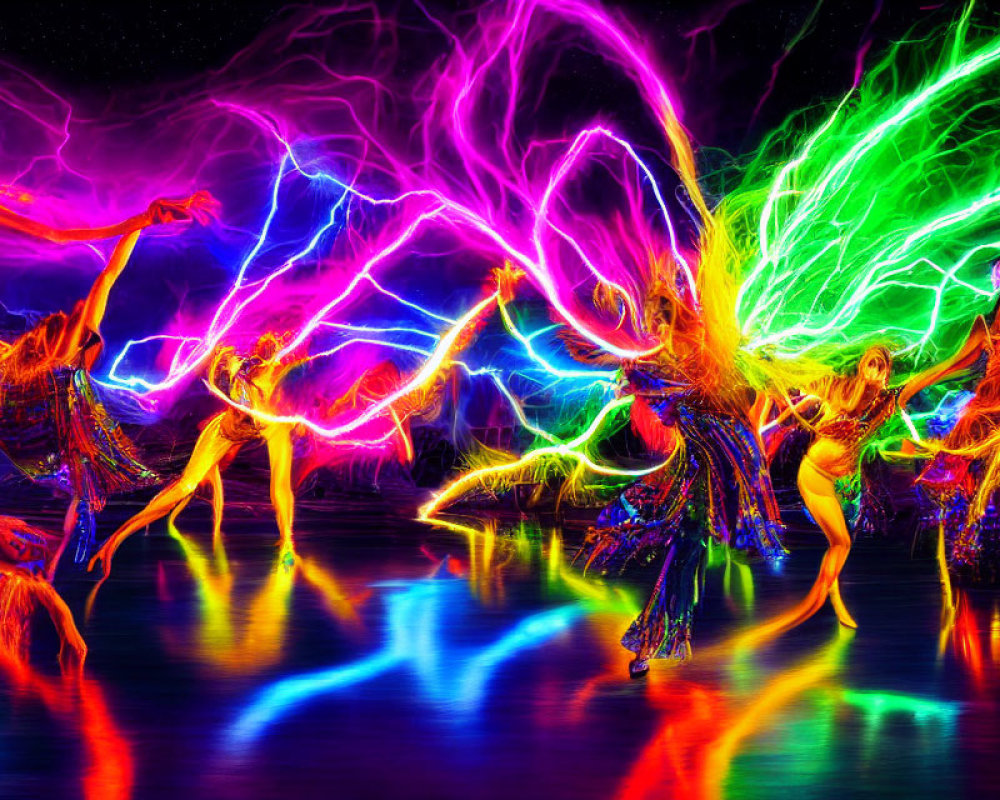 Colorful dancers in motion with neon light streaks on dark background