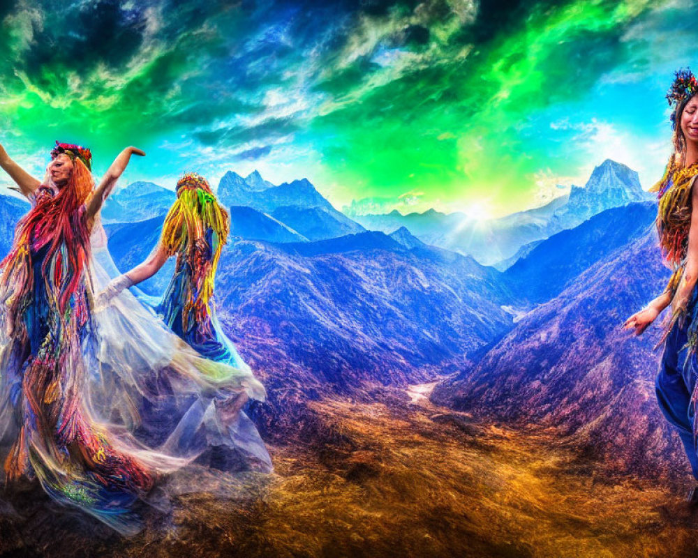 Vibrant mountain landscape with two dancing women in colorful dresses