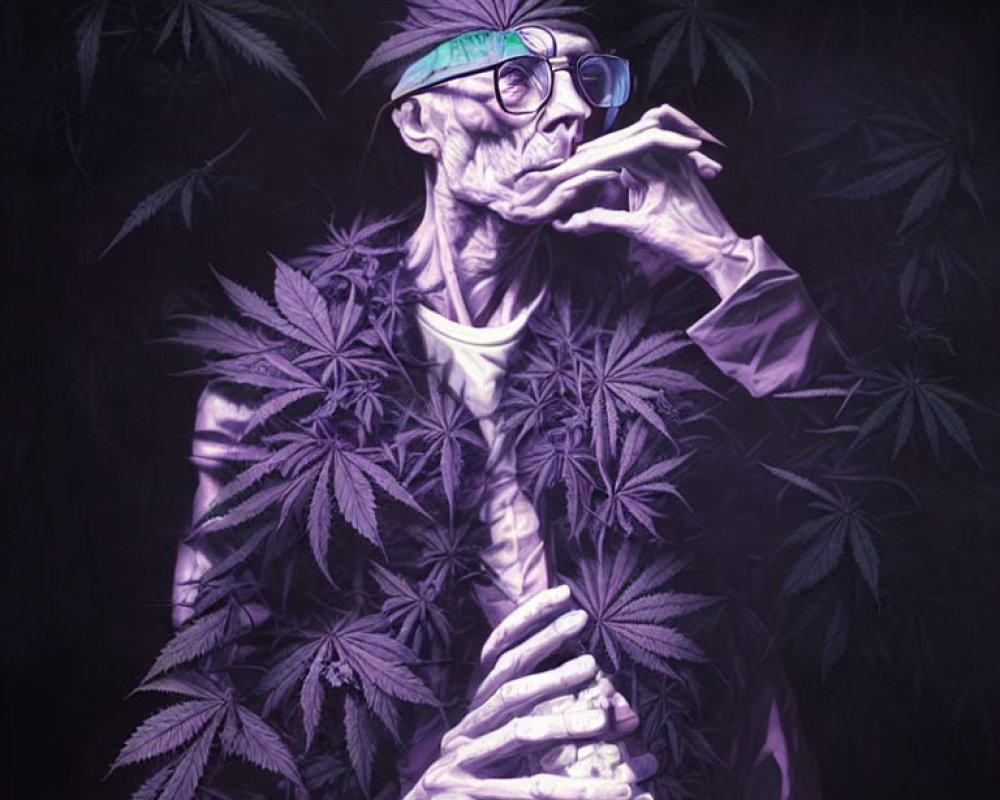 Person with Glasses Surrounded by Cannabis Leaves