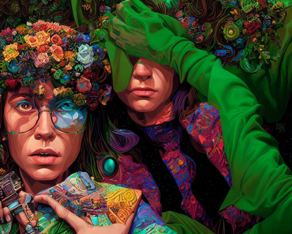 Colorful cosmic illustration featuring two individuals, one with floral crown, amidst intricate patterns.