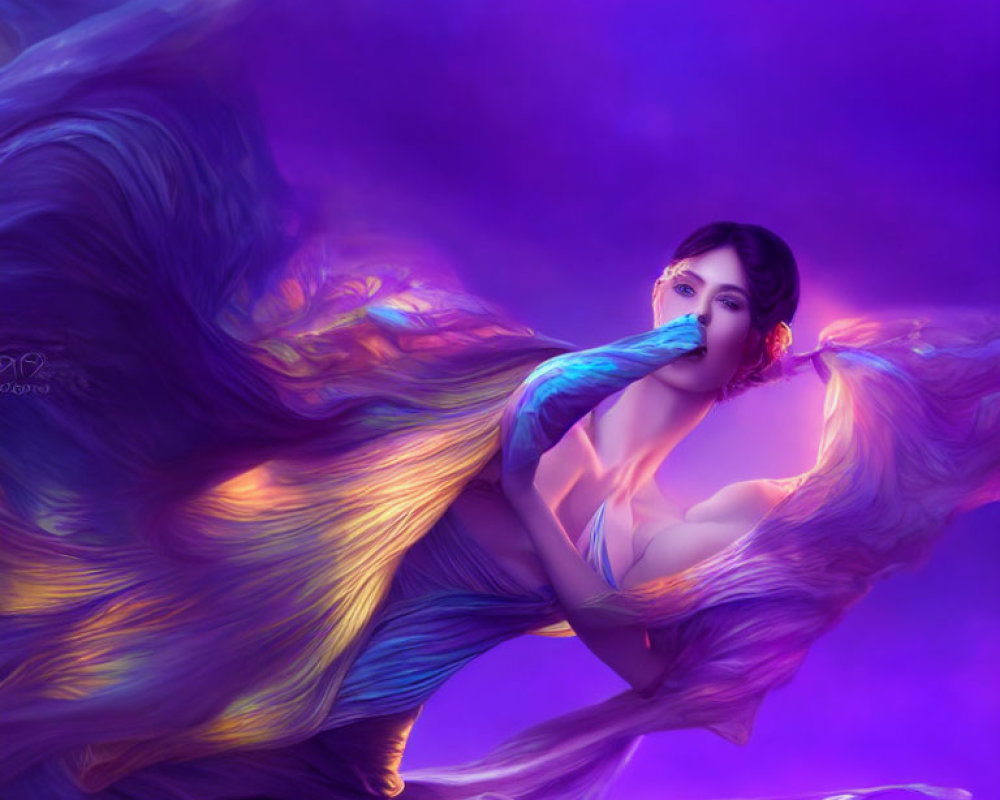 Ethereal woman in flowing purple, blue, and gold fabric