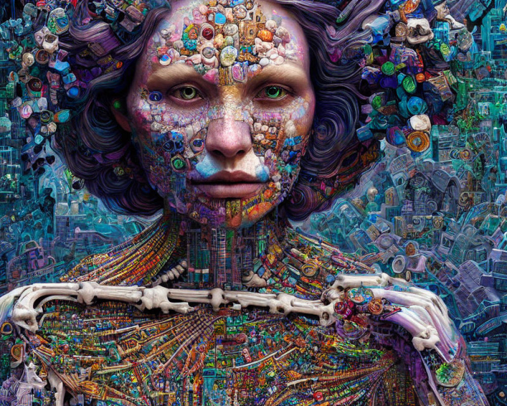 Surreal portrait of human figure merged with colorful mechanical elements