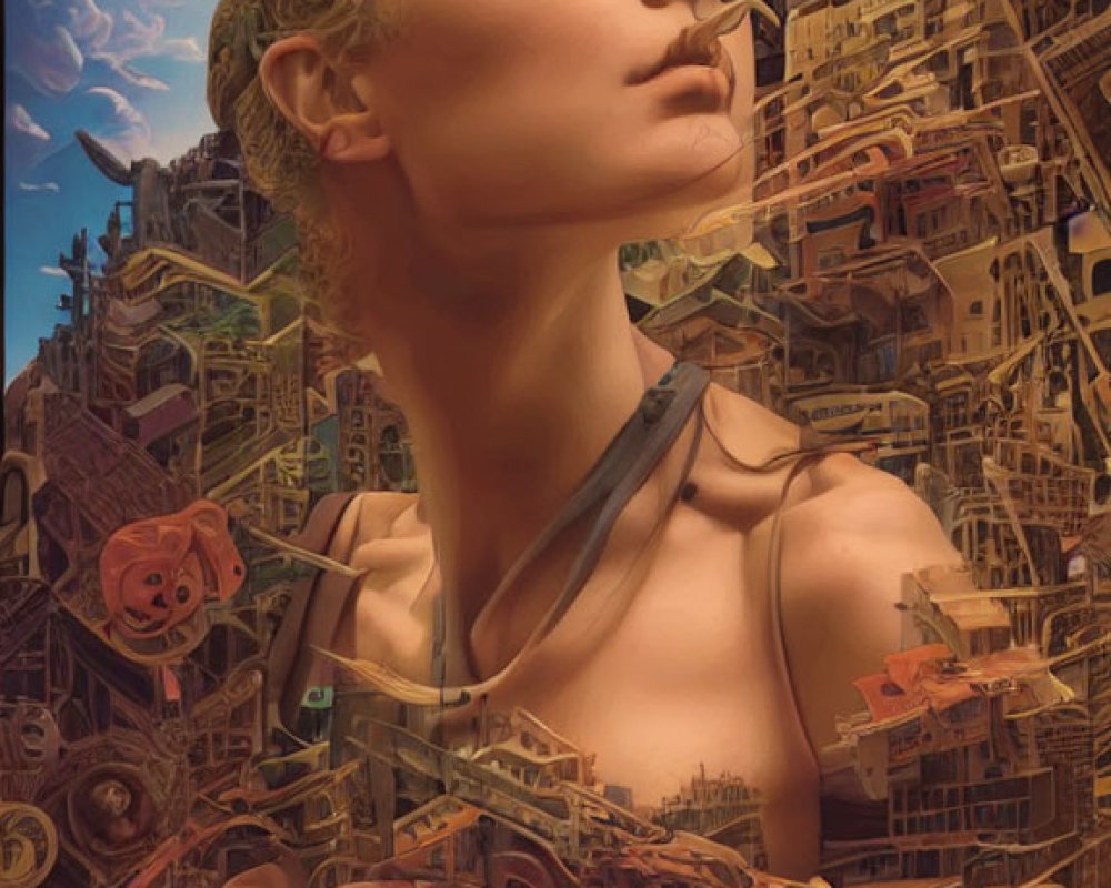 Woman with bold makeup in front of dense cityscape with mechanical elements