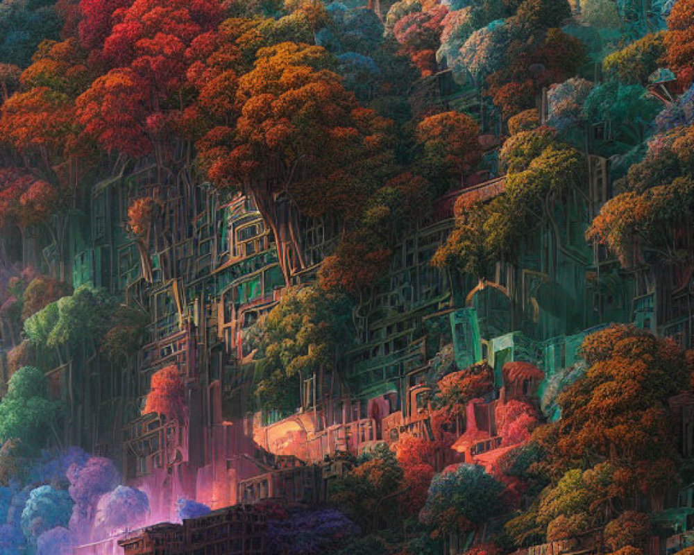 Futuristic cityscape merging with autumn forest in vibrant image