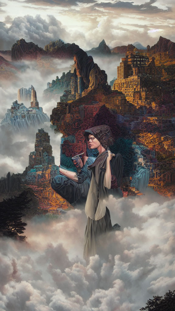 Surreal portrait of a woman with a book in mystical landscapes