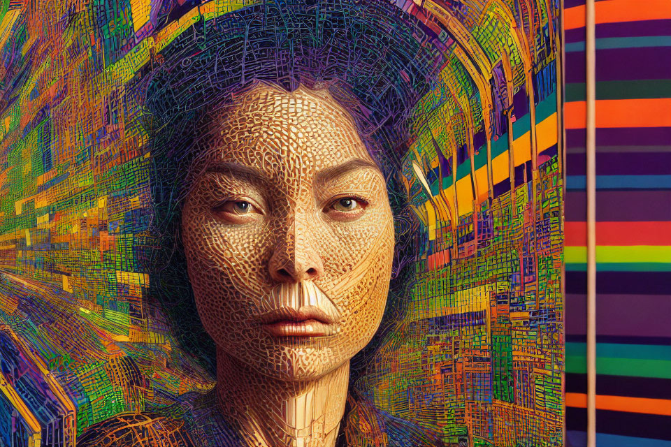 Digital art portrait of woman with mosaic texture on multicolored geometric background