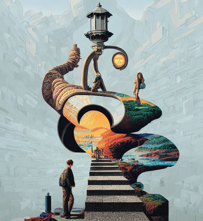 Surreal artwork: man, twisted staircase, landscapes, lamp, sunset.