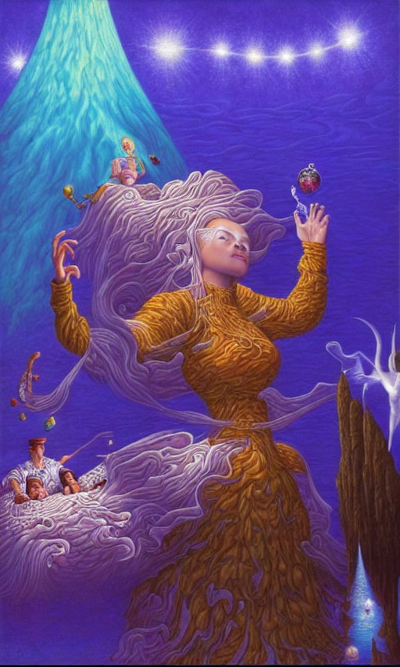 Illustration of woman with flowing hair streams, holding orb, whimsical characters, starlit waterfall.