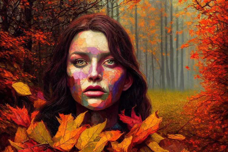 Colorful Mosaic Patterns on Woman's Face in Autumn Forest