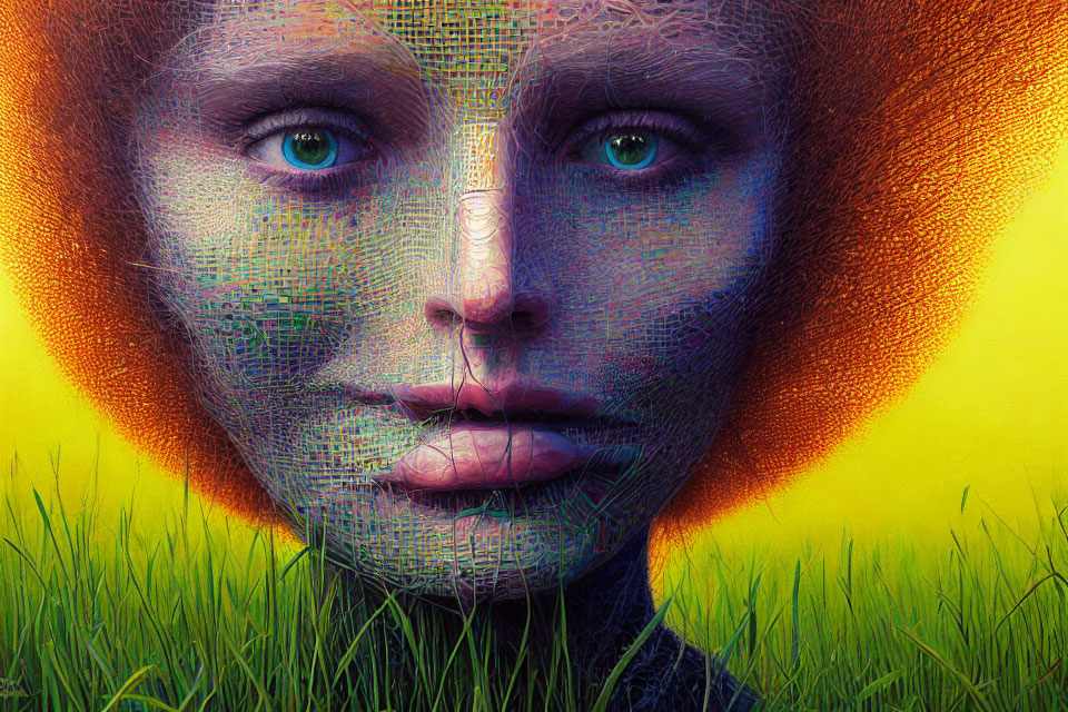 Digital Artwork: Human Face Blended with Textured Pattern on Green Grass Background