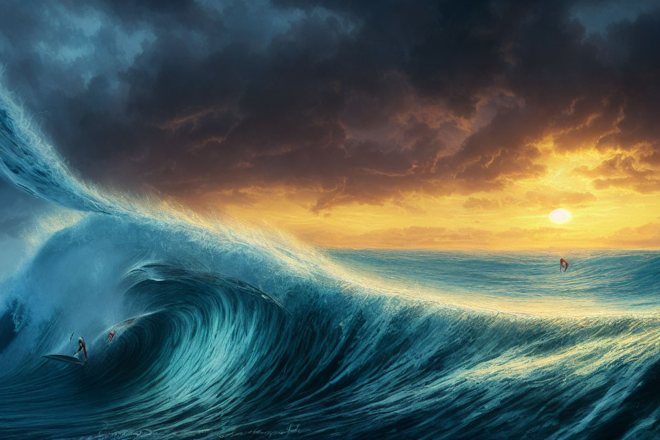 Ocean wave cresting at sunset with surfers under golden sky