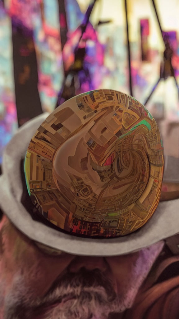 Bearded person in hat with vibrant abstract reflection in colorful setting