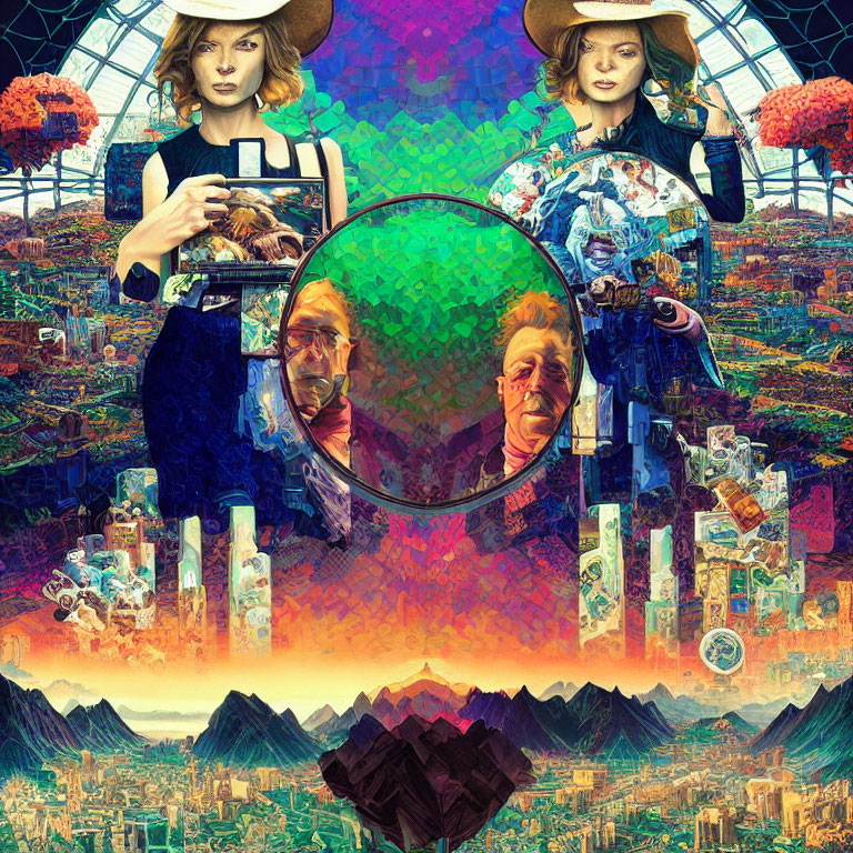 Vibrant collage of two figures with magnifying glasses over diverse landscape