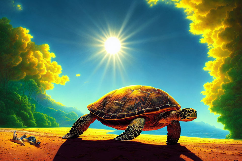 Colorful illustration of large and small tortoises under radiant sun in lush green landscape