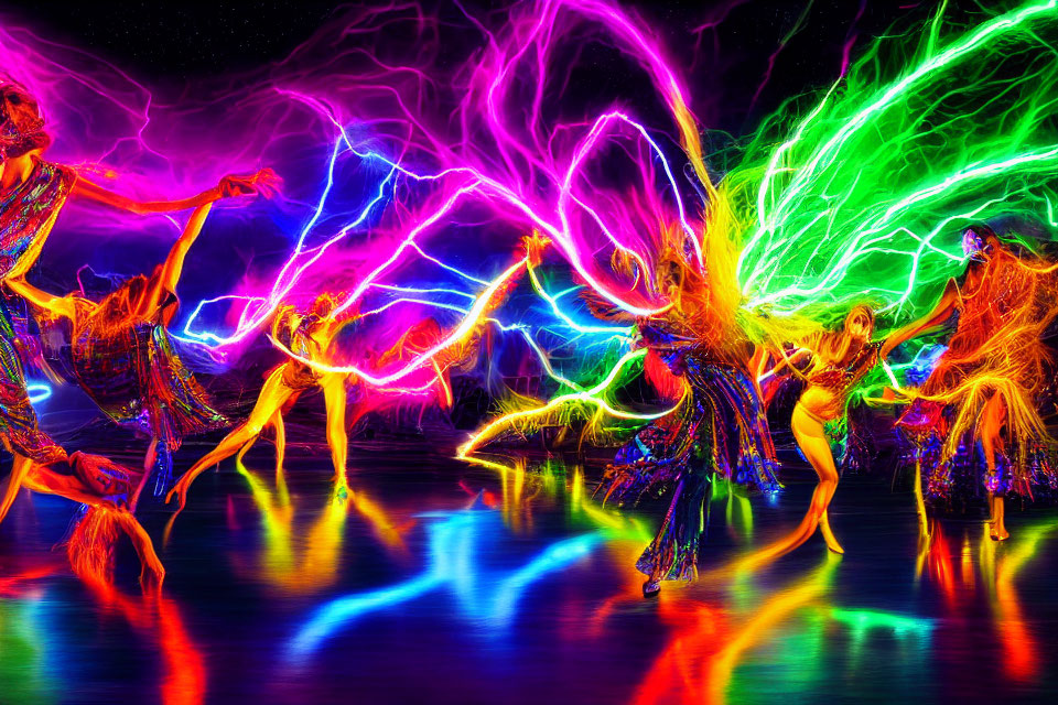 Colorful dancers in motion with neon light streaks on dark background