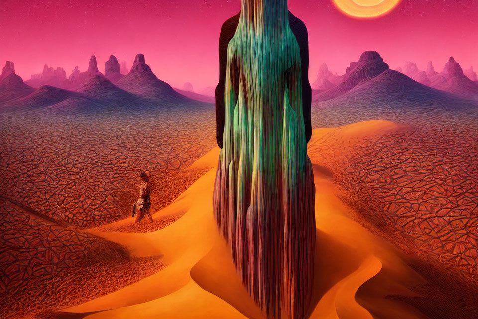 Surreal desert landscape with vibrant orange dunes and multiple suns