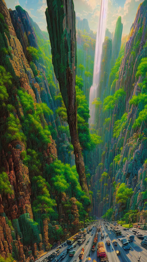 Bustling highway in lush canyon with waterfall