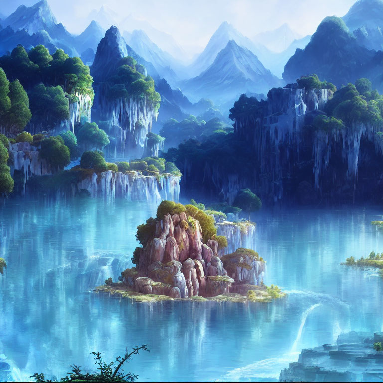 Tranquil landscape with green mountains, waterfalls, misty lake, and tree-covered island