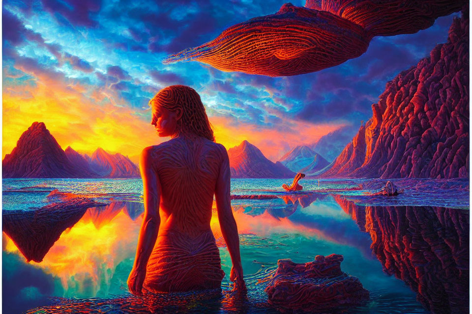 Surreal landscape with luminescent waters and fiery terrain