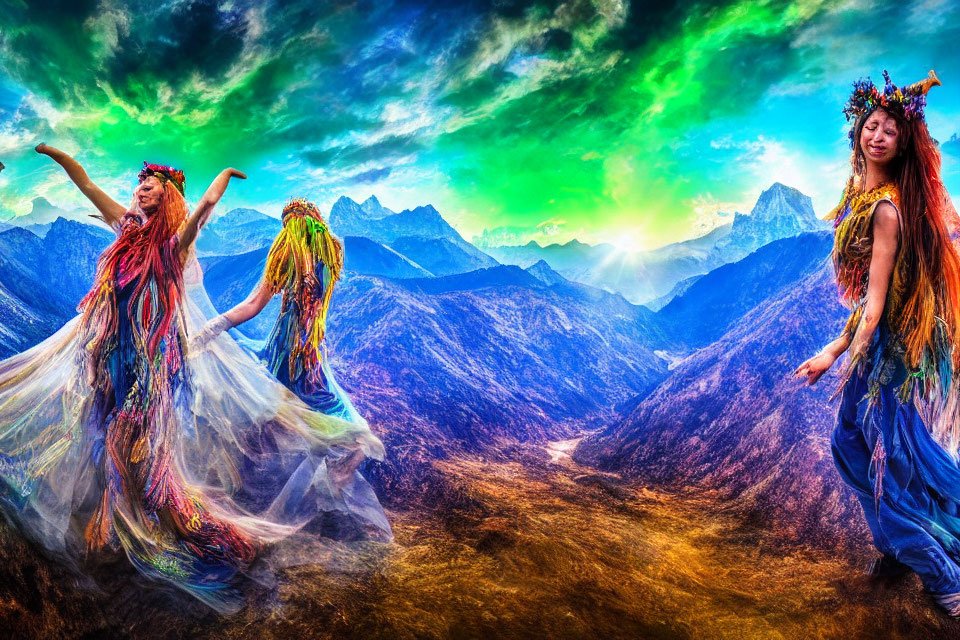 Vibrant mountain landscape with two dancing women in colorful dresses