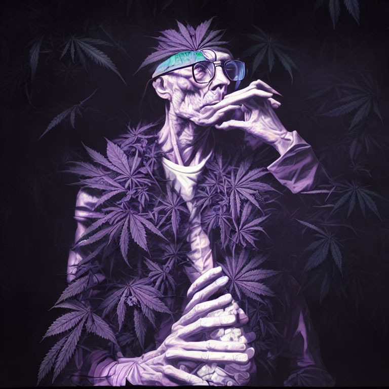 Person with Glasses Surrounded by Cannabis Leaves