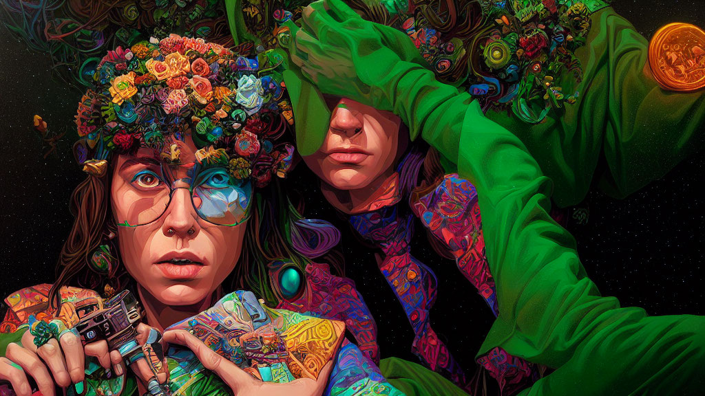 Colorful cosmic illustration featuring two individuals, one with floral crown, amidst intricate patterns.