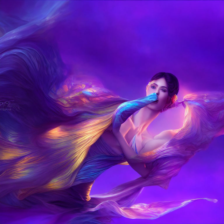 Ethereal woman in flowing purple, blue, and gold fabric