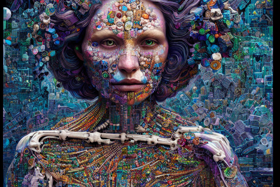 Surreal portrait of human figure merged with colorful mechanical elements