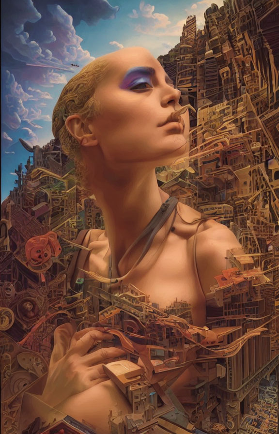 Woman with bold makeup in front of dense cityscape with mechanical elements