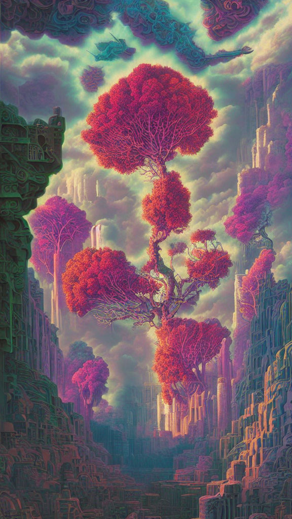 Fantastical landscape with towering cliffs, intricate carvings, and vibrant red foliage in mystical purple