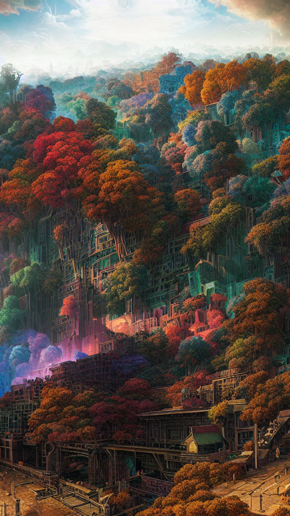 Futuristic cityscape merging with autumn forest in vibrant image