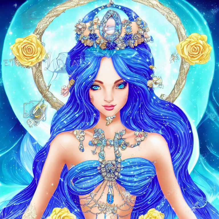 Fantasy illustration of woman with blue hair and celestial motifs