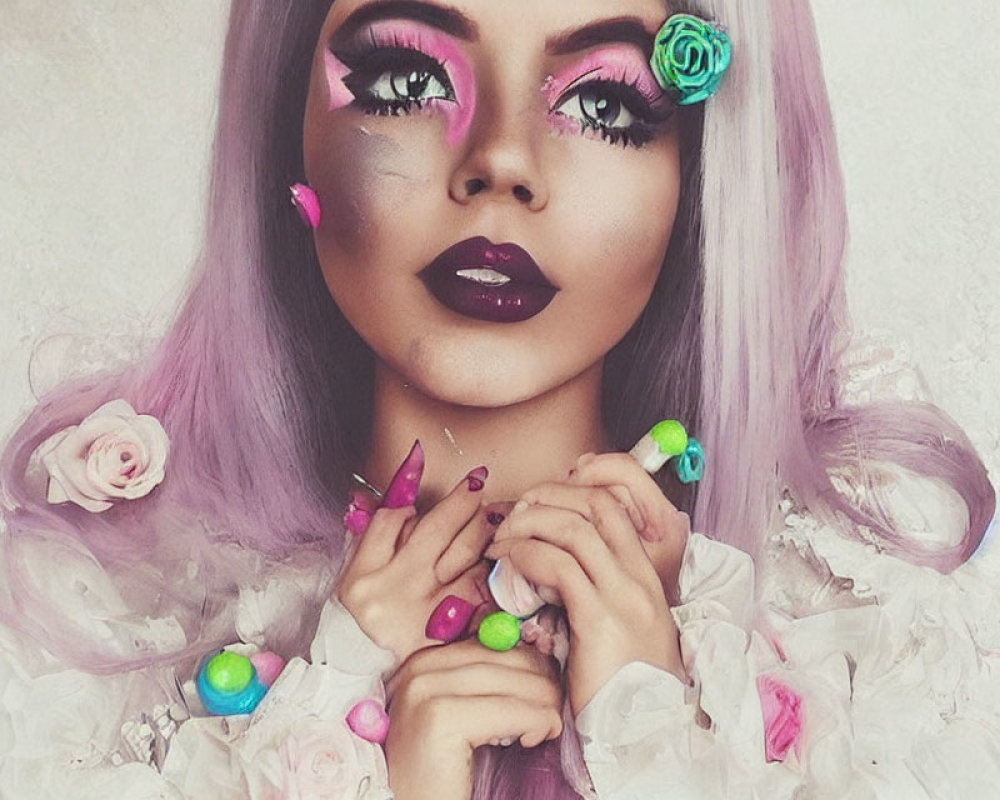 Purple-haired person with starry makeup and floral accents in a portrait pose.