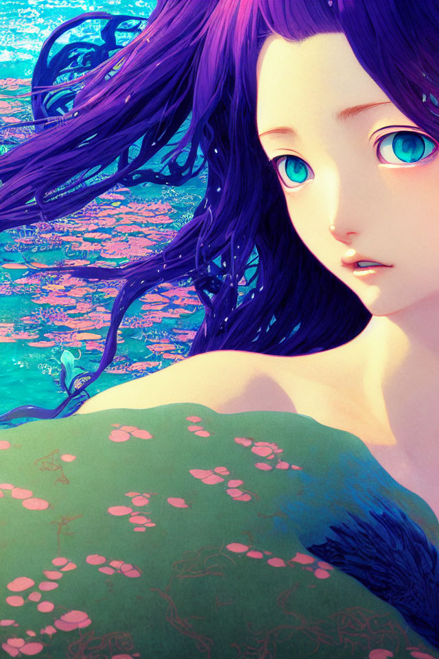 Vibrant purple-haired girl with blue eyes in colorful floral backdrop