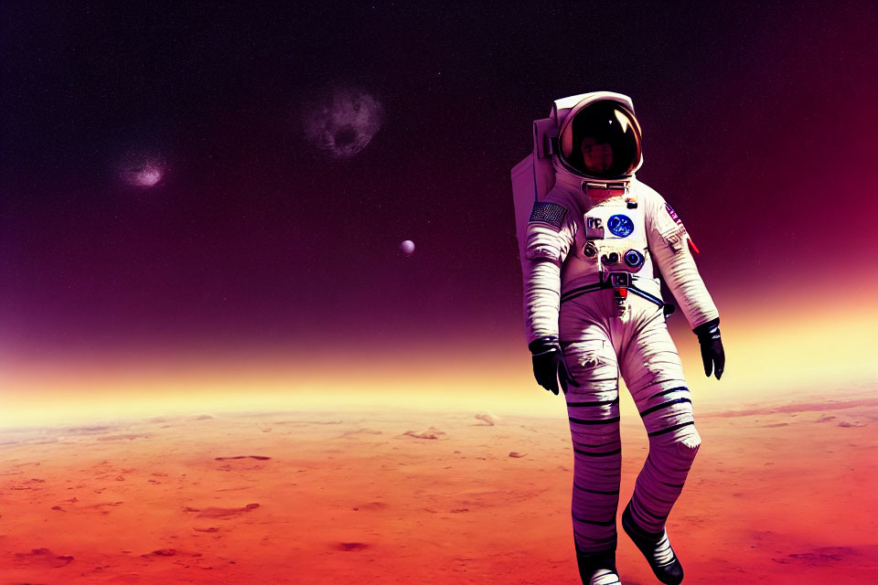 Astronaut in white space suit on red alien surface under purple sky