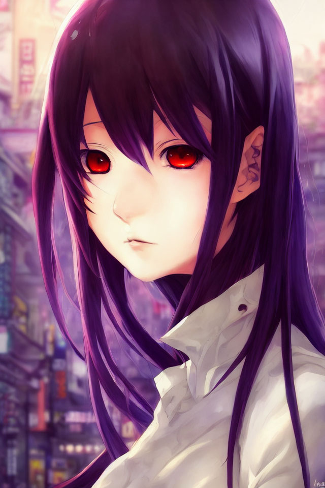 Anime-style character with purple hair and red eyes in urban setting