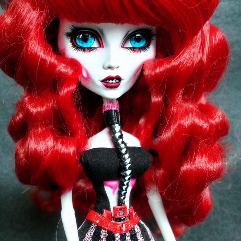 Vibrant red hair, blue eyes, bold makeup on doll in black and plaid dress